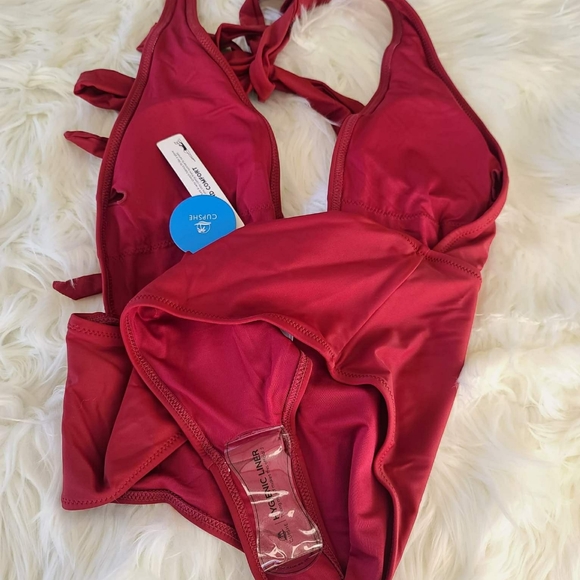 Women's One-piece Swimsuit Plunging Tie Front Solid RED  Sexy Backless Swimwear - Picture 4 of 5